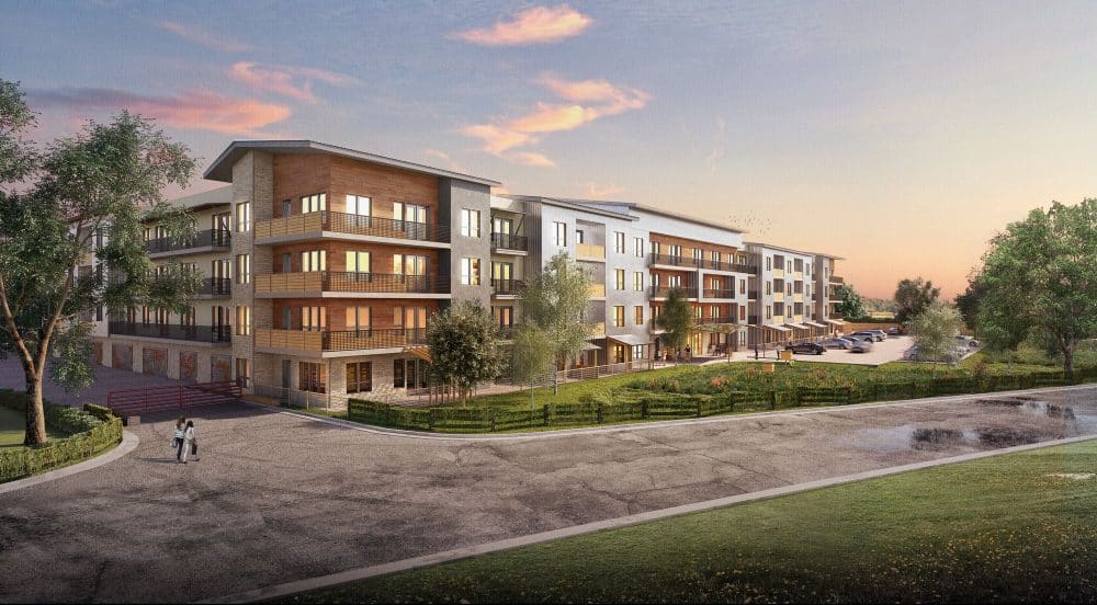 Rendering of the exterior Shelby Ranch apartments in South Austin