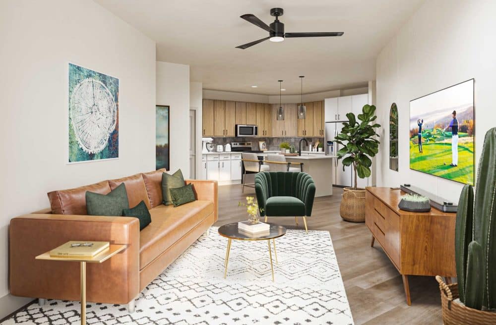 Rendering of the interior living room at Shelby Ranch apartments in South Austin