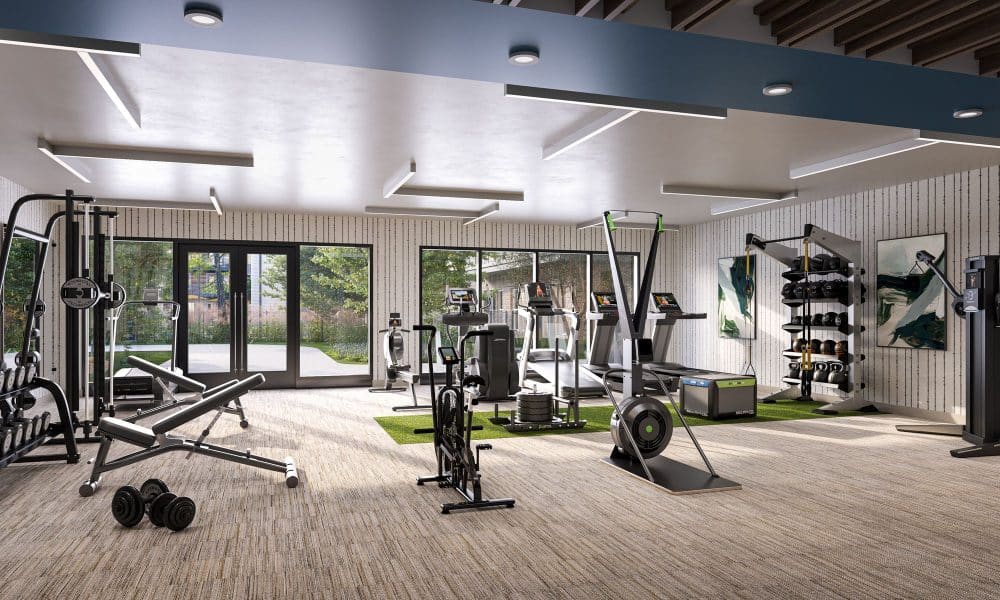 Rendering of the interior fitness center at Shelby Ranch apartments in South Austin