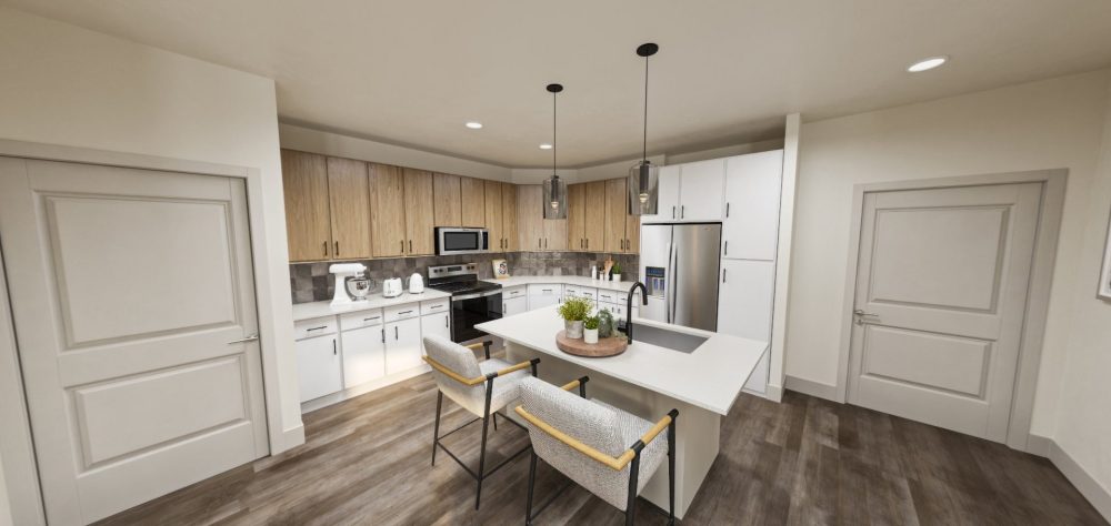 Rendering of the interior Kitchen at Shelby Ranch apartments in South Austin